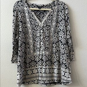 Lucky Brand Black and Off White Burnout Tunic 3/4 Sleeve. Size 2X GUC